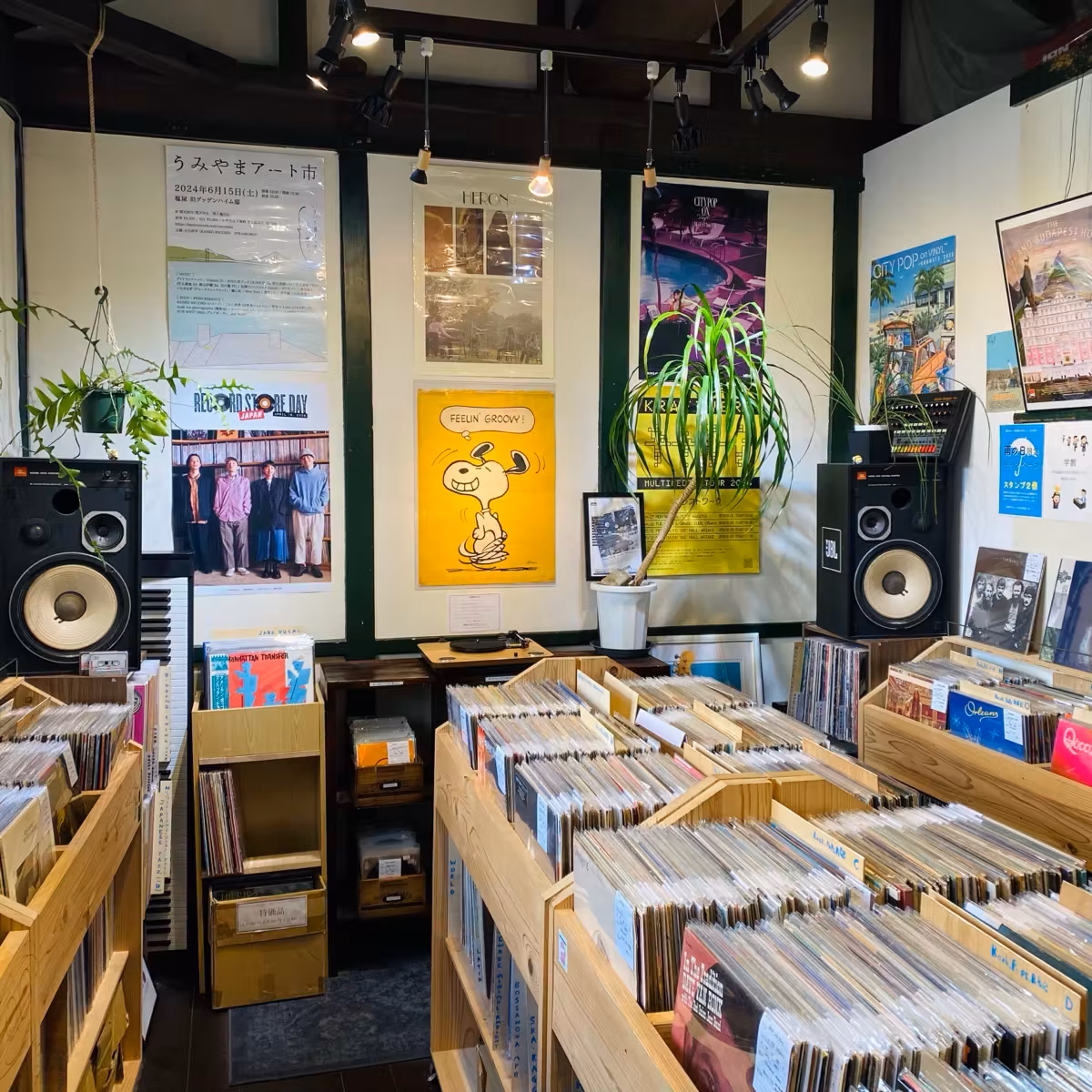 レコードショップの店内。木箱に並んだレコードとスピーカー、壁に貼られたポスター